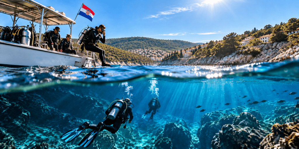 Scuba Diving Prices in Croatia: Scuba divers exploring the underwater world of the Adriatic Sea near Rabac.