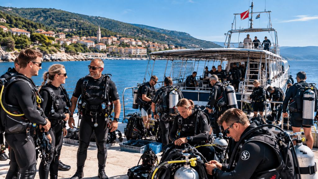 Group Diving in Croatia with diving RABAC: Divers preparing for a group dive trip on a boat in Rabac, Istria.