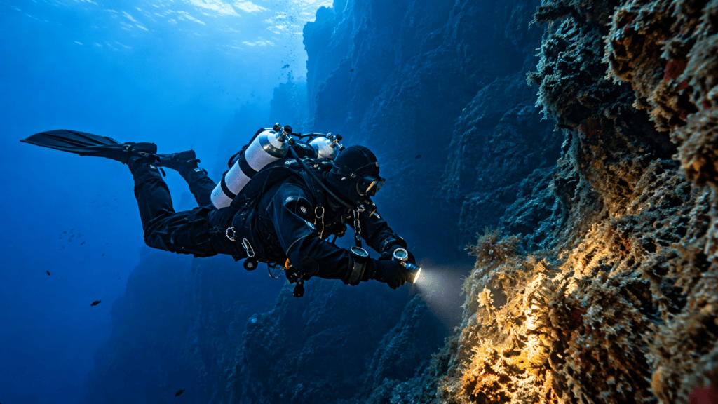 Technical Diving in Croatia: Experienced diver with twin cylinders exploring a deep underwater wall in the Adriatic Sea.
